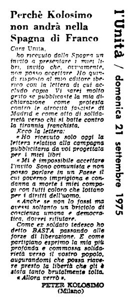 Una lettera di Peter Kolosimo a «L'Unità», 21 settembre 1975. Perché non andrà a presentare i suoi libri nella Spagna franchista.