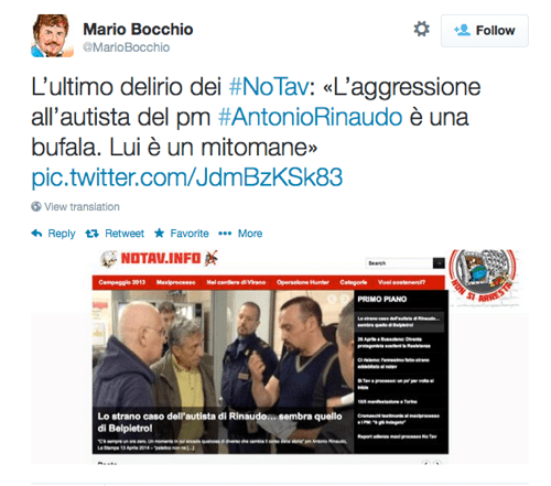 Tweet del giornalista Mario Bocchio del 15 aprile 2014.