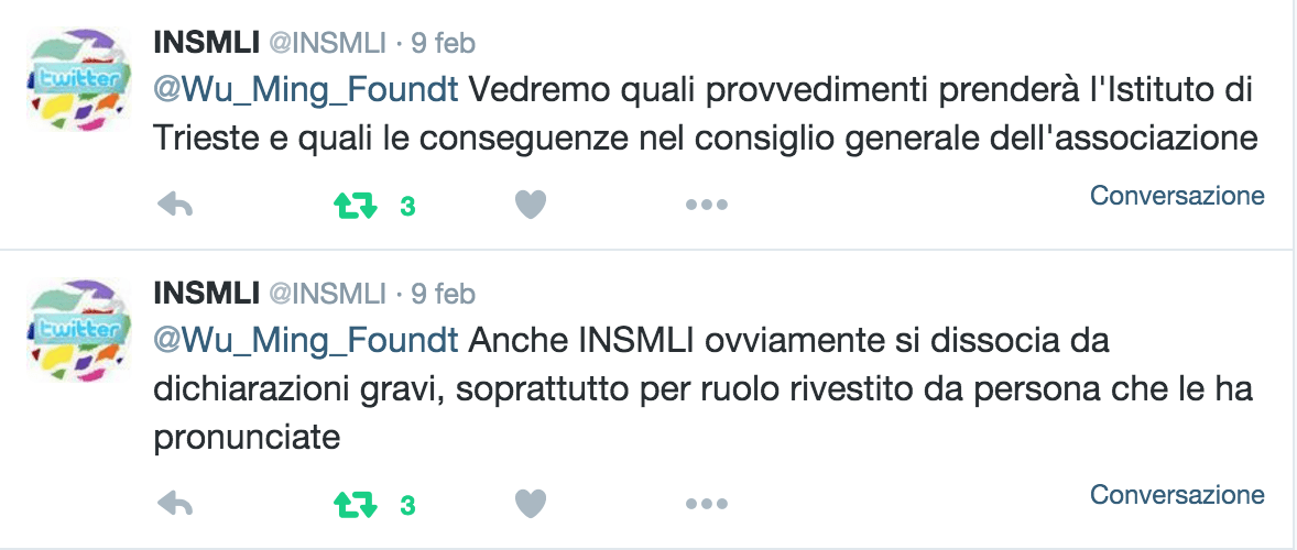 Le dichiarazioni dell'INSMLI su Twitter, 9 febbraio 2016