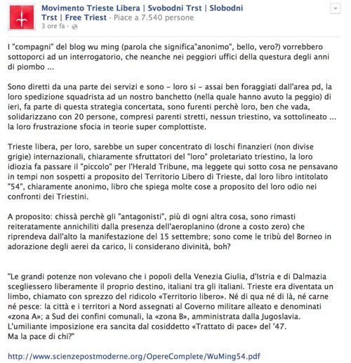 Dalla pagina Facebook ufficiale del Movimento Trieste Libera, ieri