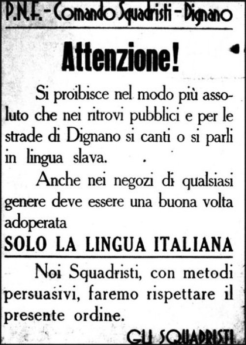 Cartello contro l'uso della lingua croata affisso dai fascisti a Dignano/Vodnjan