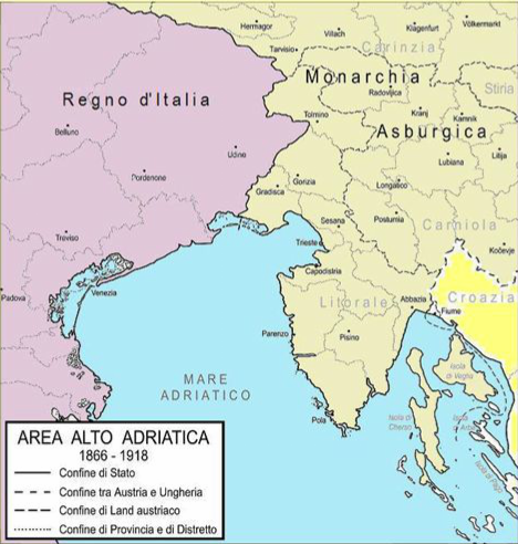 L'espansione a est dell'imperialismo italiano. Prima mappa: il confine orientale d'Italia fino al 1918. Tratta dal percorso tematico Il confine orientale d'Italia, 1797 - 1918, a cura di Franco Cecotti e Bruno Pizzamei, clicca per accedere.