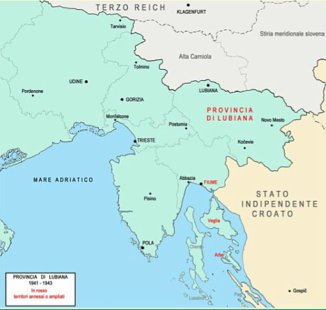 Lo spostamento a est dell'imperialismo italiano. Quarta mappa: nel 1941 l'Italia, insieme alla Germania nazista, attacca il Regno di Jugoslavia e, tra le varie cose, occupa e annette la provincia di Lubiana. Ibidem.