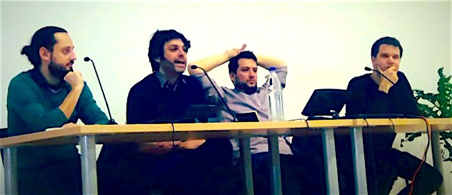 Da sinistra: Flavio Pintarelli, Giuliano Santoro, Valerio Renzi e Wolf Bukowski. Immagine tratta da Salto.bz , testata on-line sudtirolese bilingue.