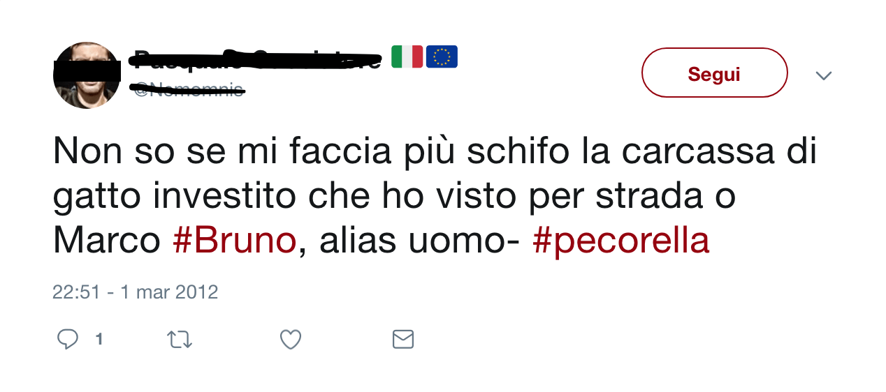 Screenshot di un tipico tweet di insulti contro Marco Bruno.