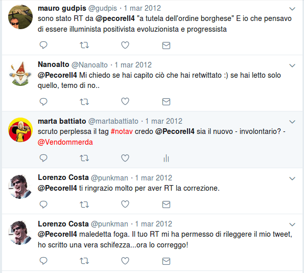 Screenshot. Le poche menzioni residue di @pecorell4 in data 20 novembre 2018. 