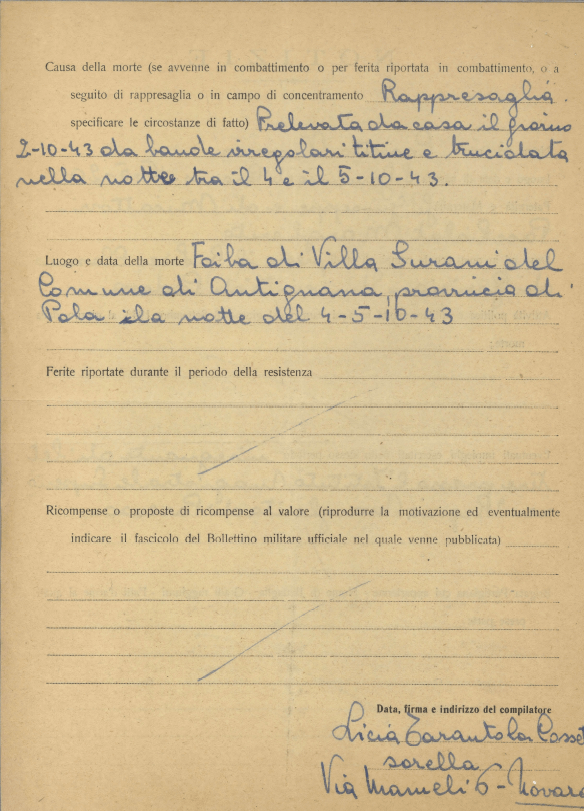 Licia Cossetto scrive di suo pugno che Norma Cossetto fu catturata il 2 ottobre 1943.