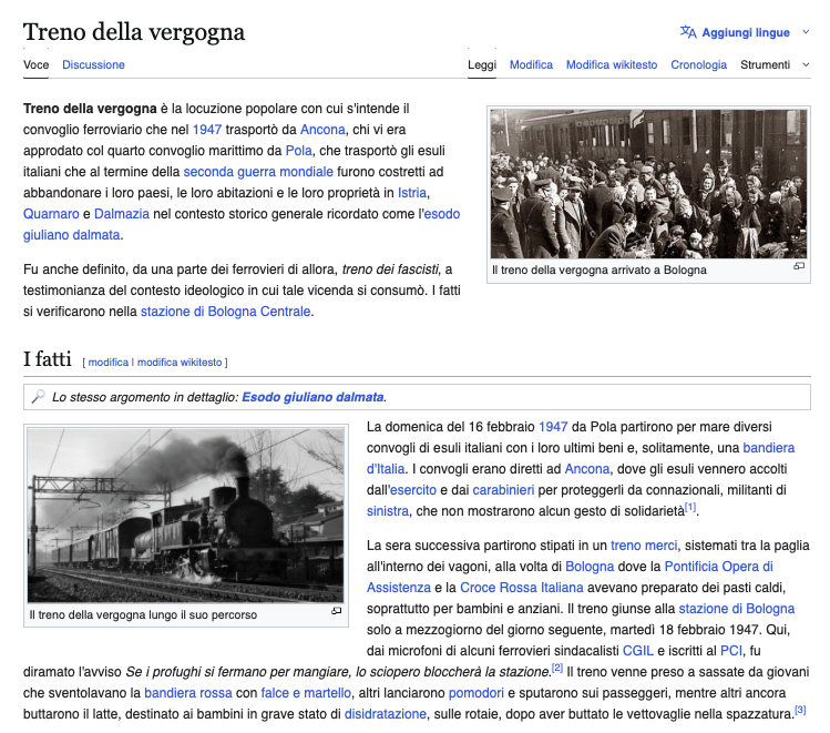 La voce Treno della vergogna su Wikipedia nello stato in cui versava l'1 ottobre 2025.