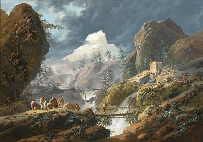 Paesaggio montuoso con due ponti di corda e viandanti