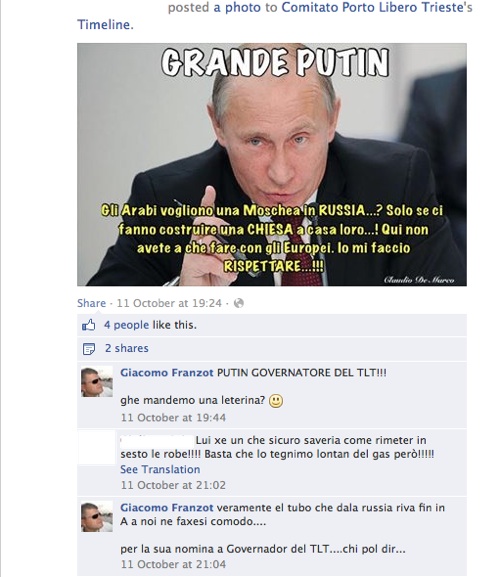 Indipendentisti triestini, tra cui Giacomo Franzot, fanno l'apologia delle sparate anti-islamiche di Putin e dicono che dovrebbe diventare governatore del TLT